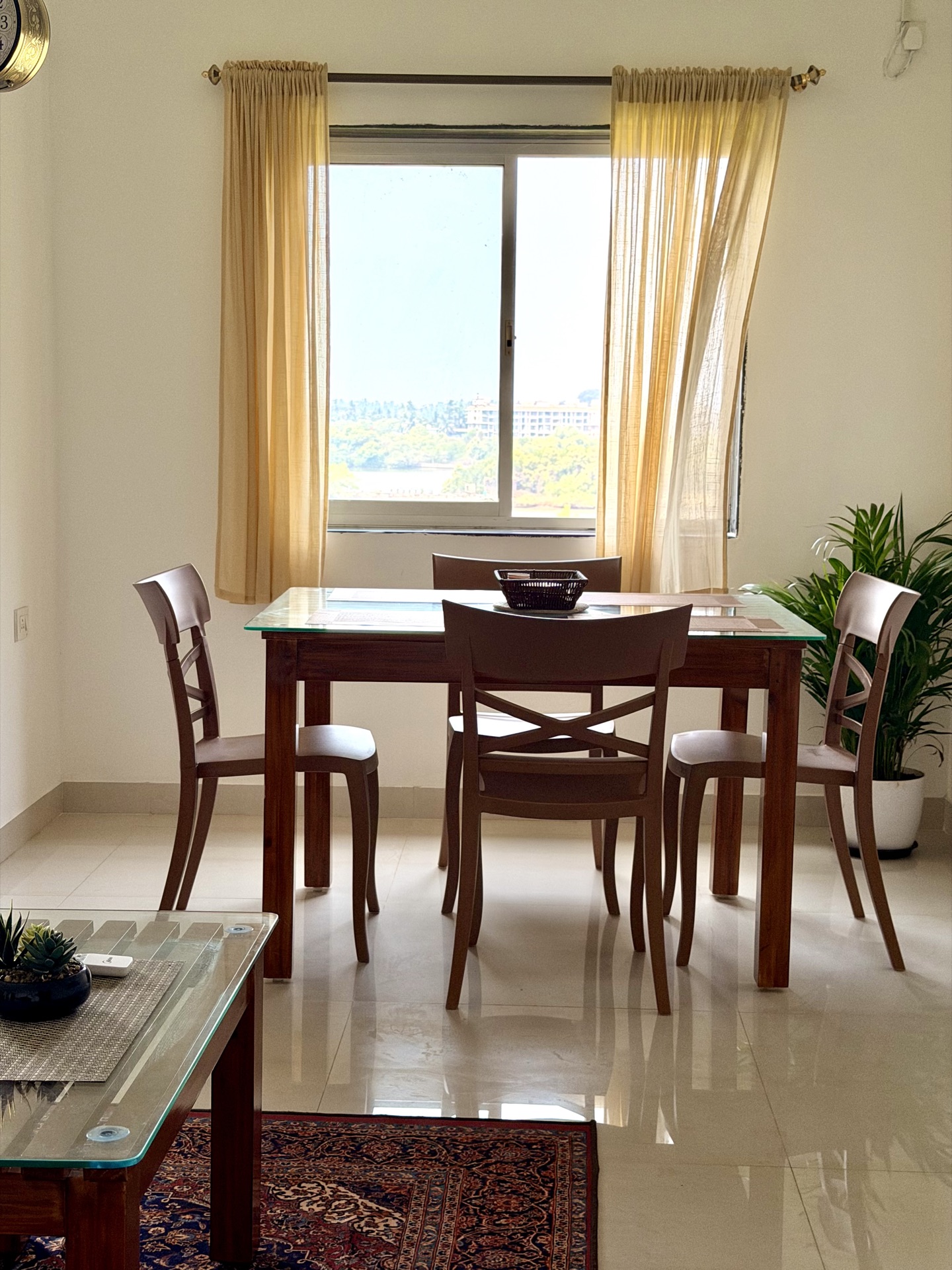 Dining area with window overlooking backwaters