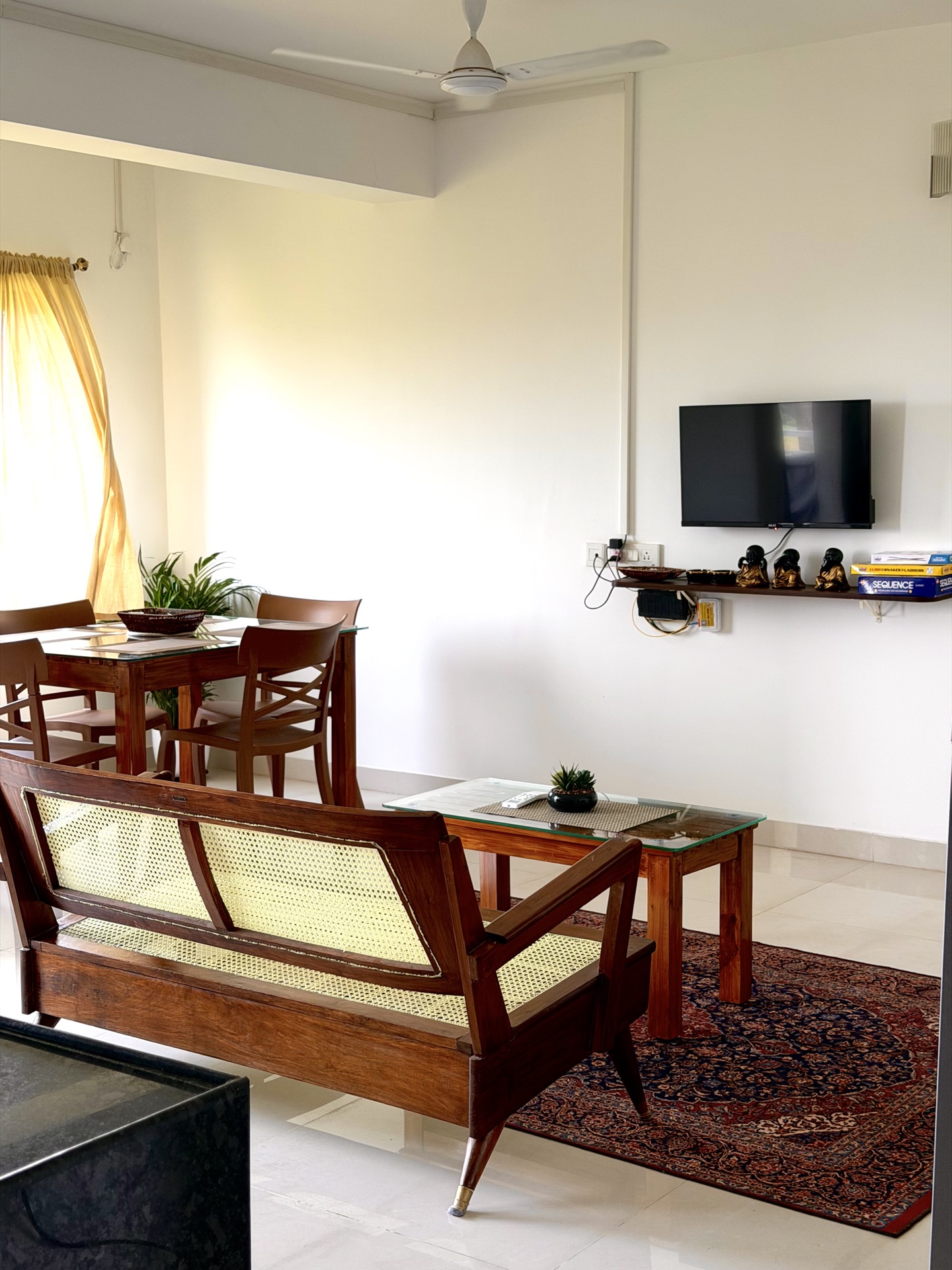 Living room with sofa, TV, and Persian rug